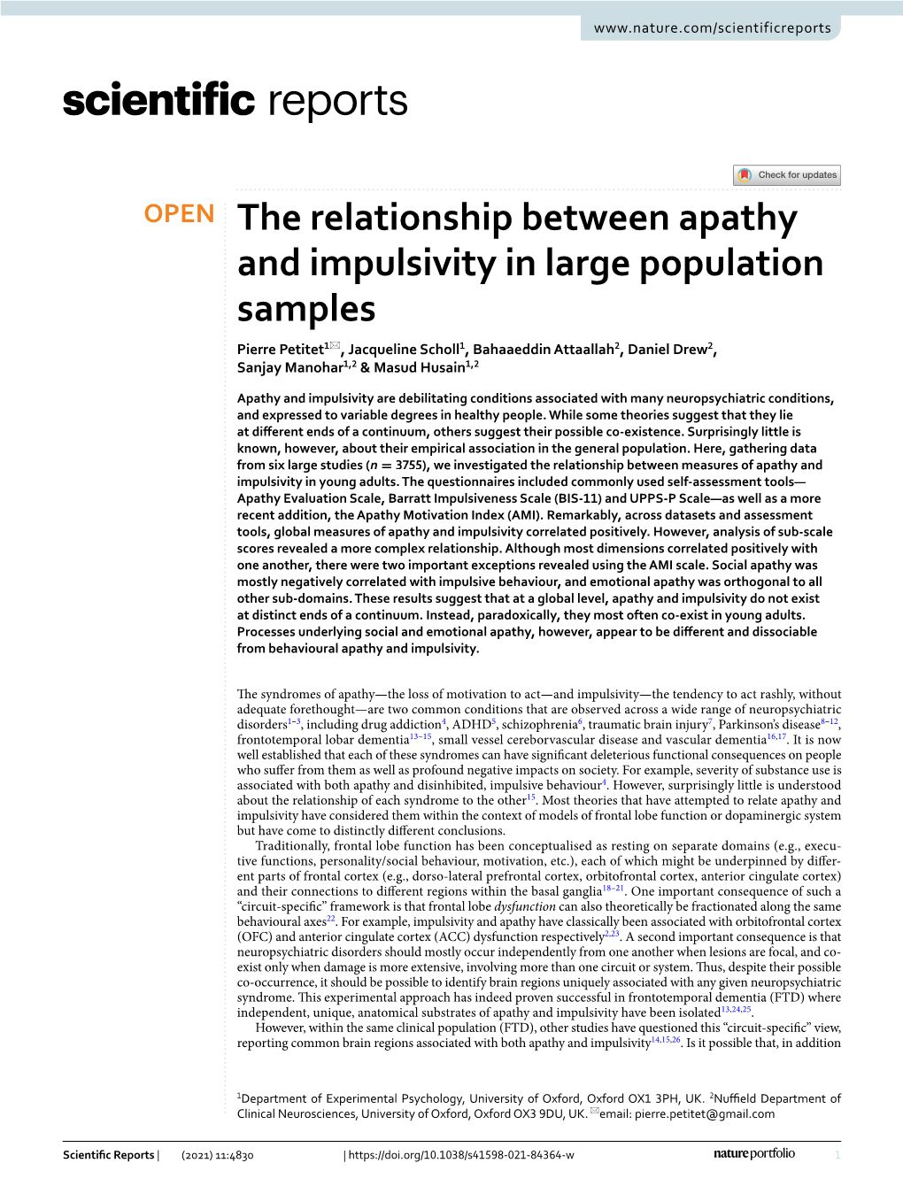 The Relationship Between Apathy and Impulsivity in Large Population