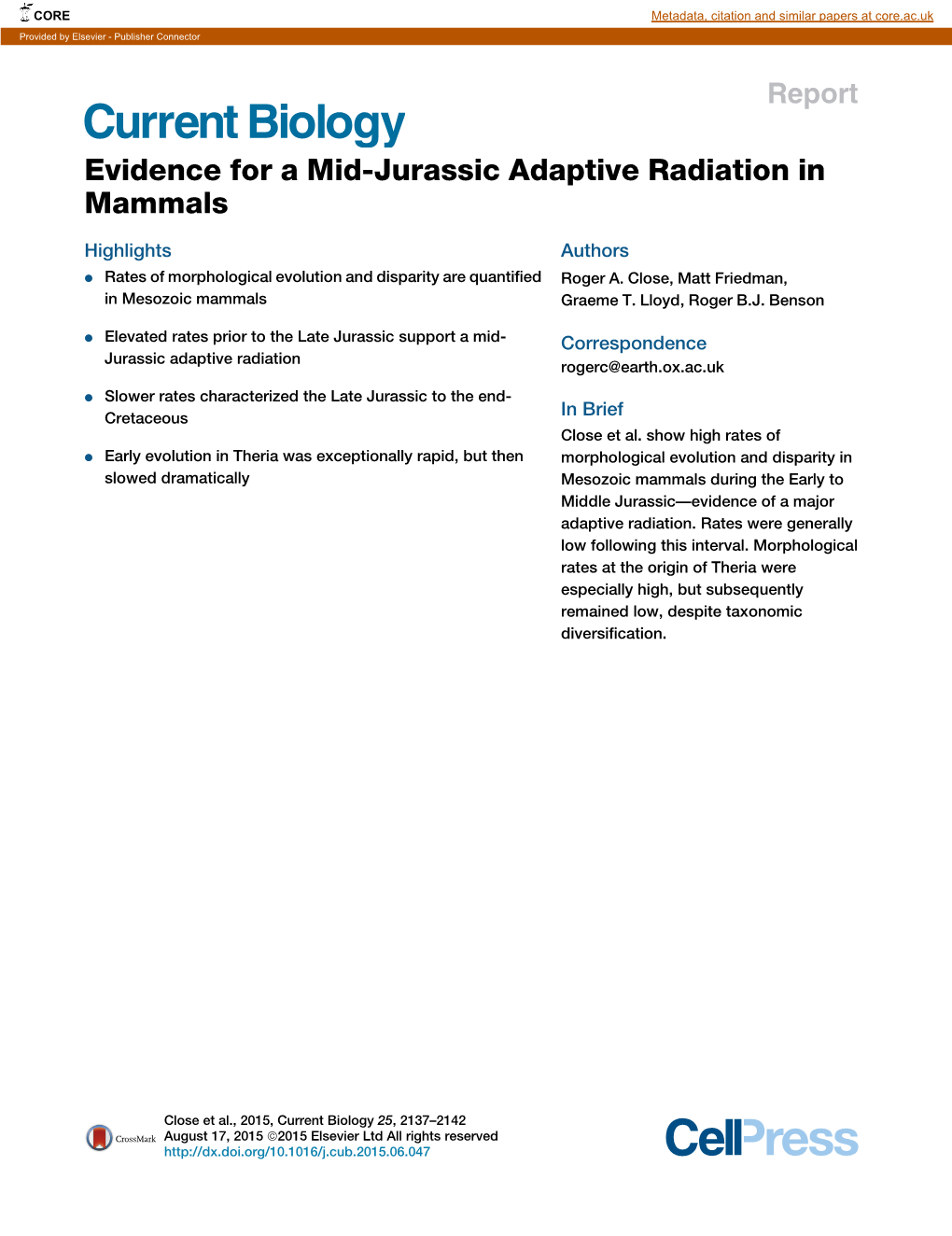 Evidence for a Mid-Jurassic Adaptive Radiation in Mammals