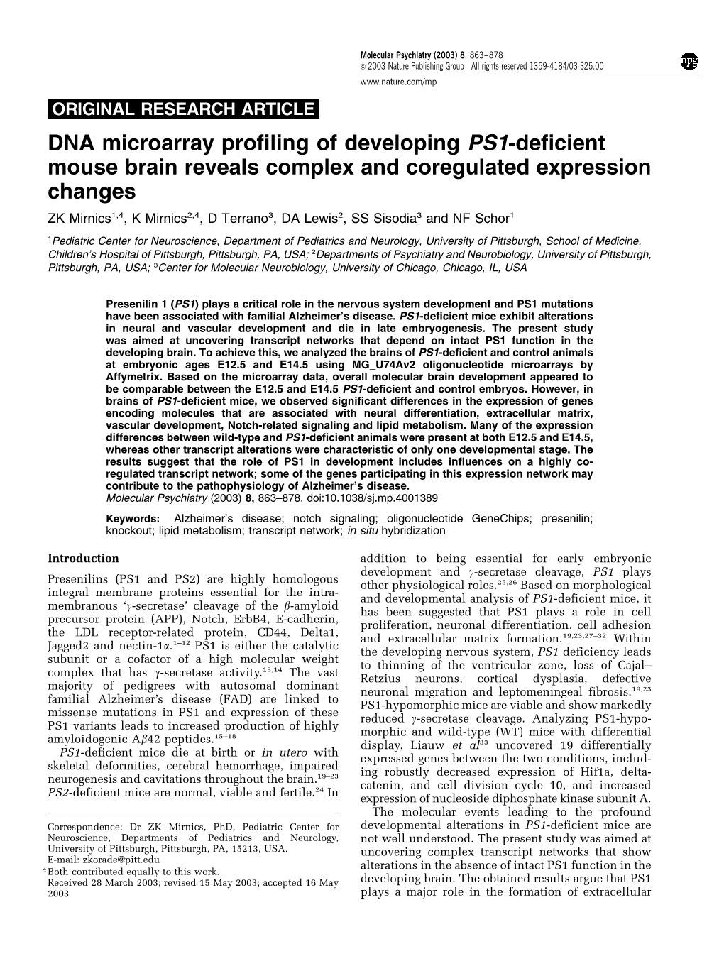 DNA Microarray Profiling of Developing PS1-Deficient