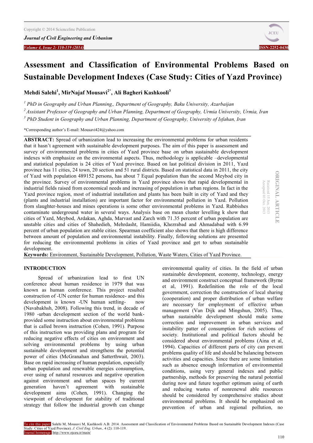 Assessment and Classification of Environmental Problems Based on Sustainable Development Indexes (Case Study: Cities of Yazd Province)