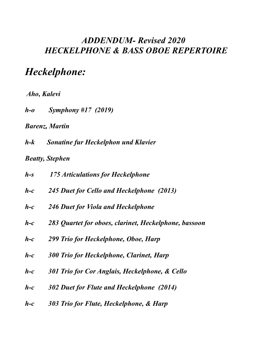 To Heckelphone / Bass Oboe Repertoire