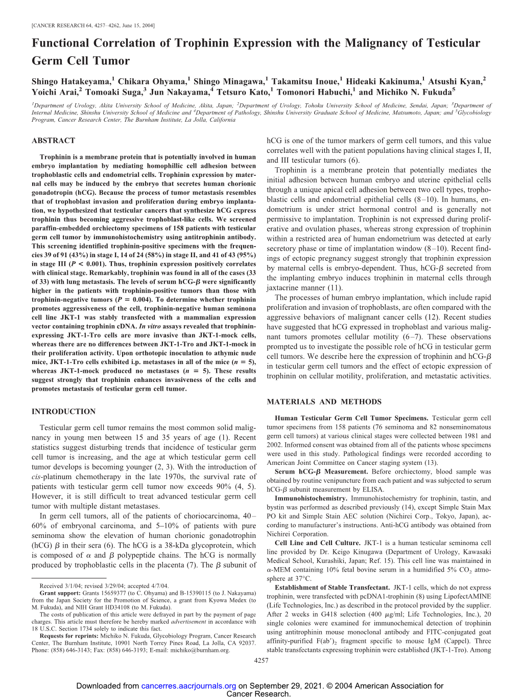 Functional Correlation of Trophinin Expression with the Malignancy of Testicular Germ Cell Tumor