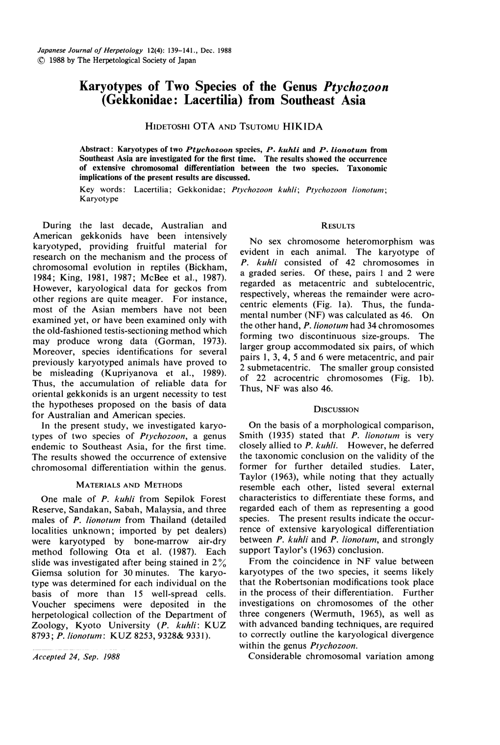 Karyotypes of Two Species of the Genus Ptychozoon (Gekkonidae: Lacertilia) from Southeast Asia