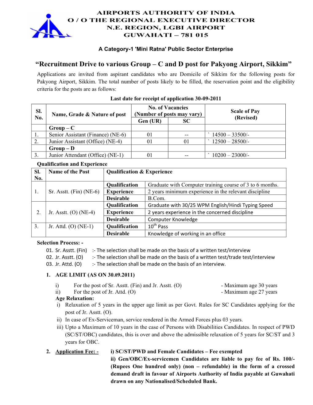 Recruitment Drive to Various Group – C and D Post for Pakyong Airport, Sikkim”