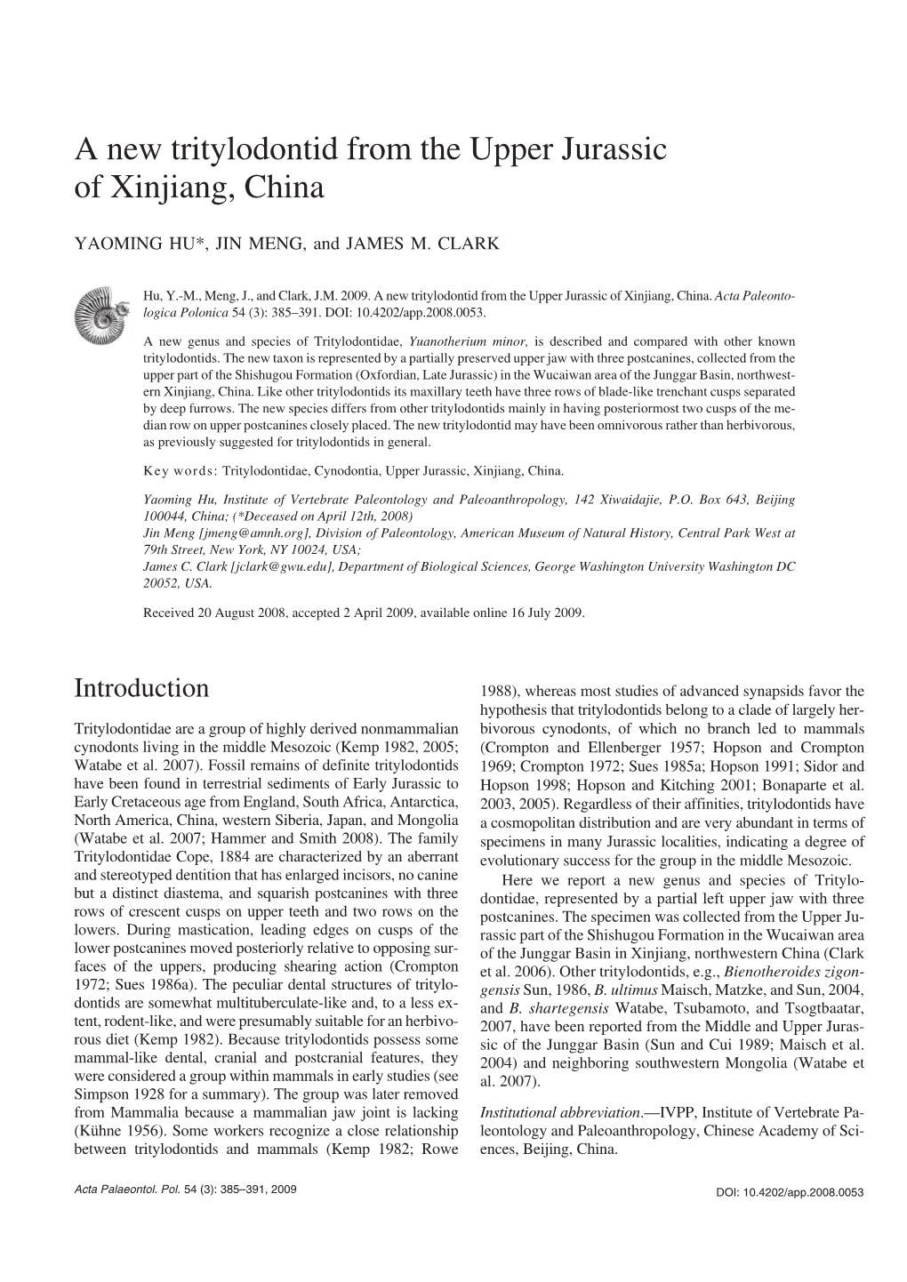 A New Tritylodontid from the Upper Jurassic of Xinjiang, China