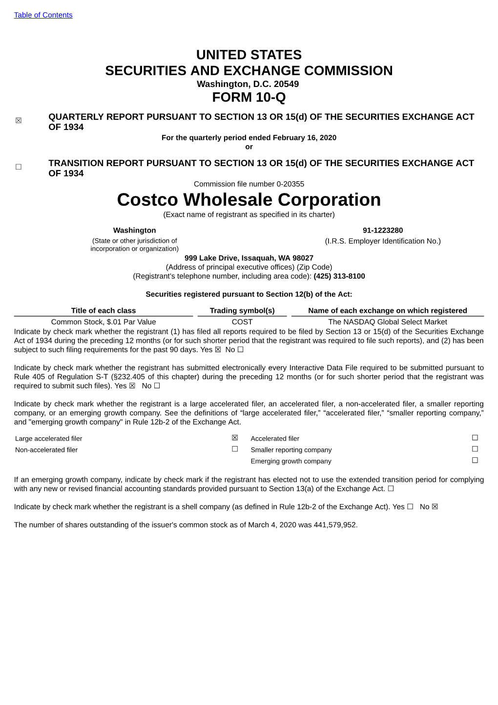 Costco Wholesale Corporation (Exact Name of Registrant As Specified in Its Charter)