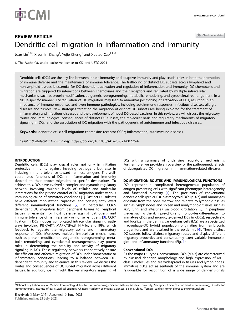 Dendritic Cell Migration in Inflammation and Immunity