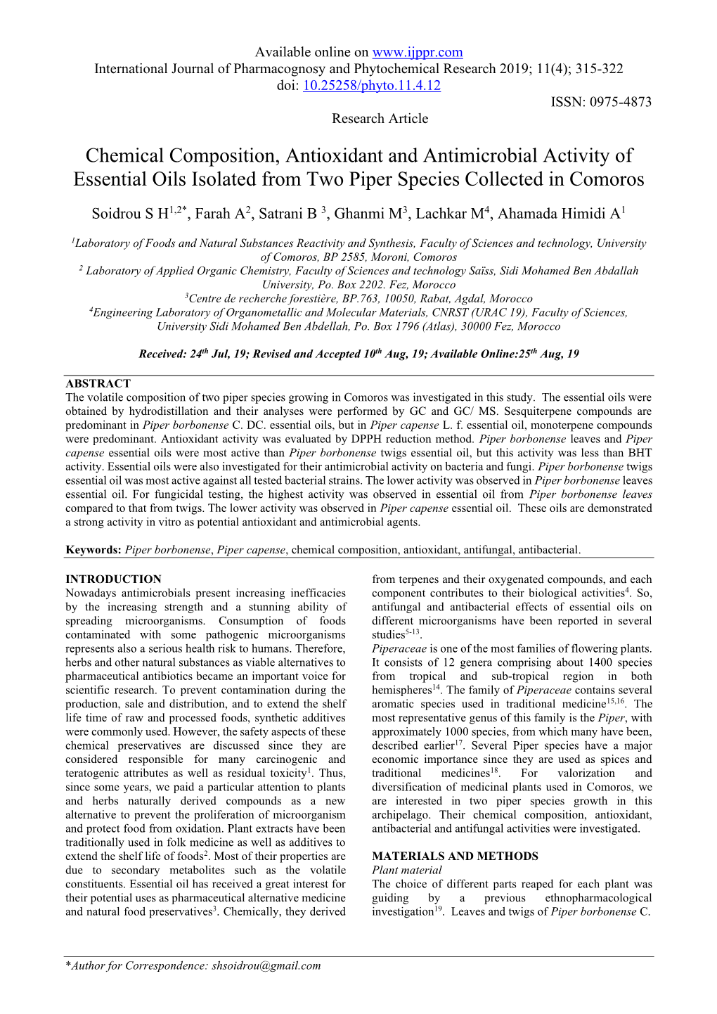 Chemical Composition, Antioxidant and Antimicrobial Activity of Essential Oils Isolated from Two Piper Species Collected in Comoros