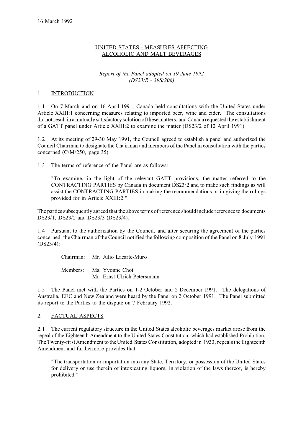 MEASURES AFFECTING ALCOHOLIC and MALT BEVERAGES Report of the Panel Adopted on 19 June 1992