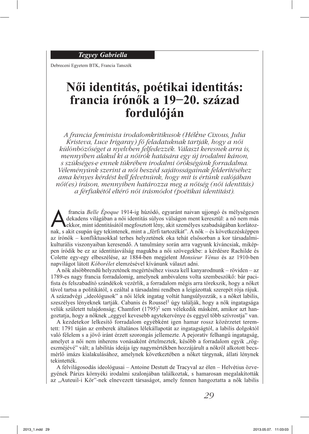 Női Identitás, Poétikai Identitás: Francia Írónők a 19−20. Század Fordulóján