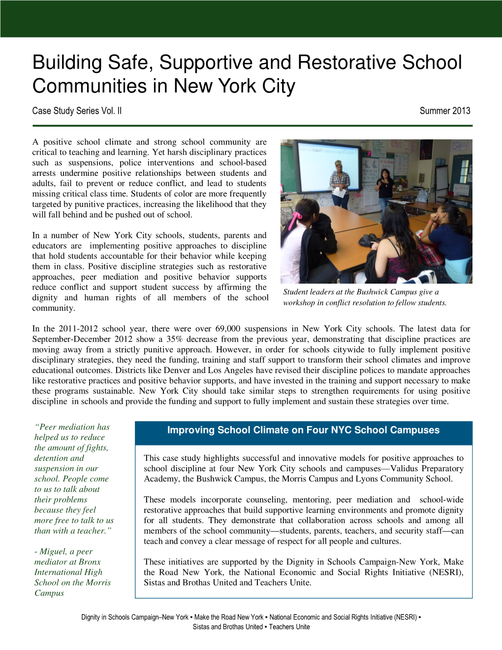 Building Safe, Supportive and Restorative School Communities in New York City Case Study Series Vol