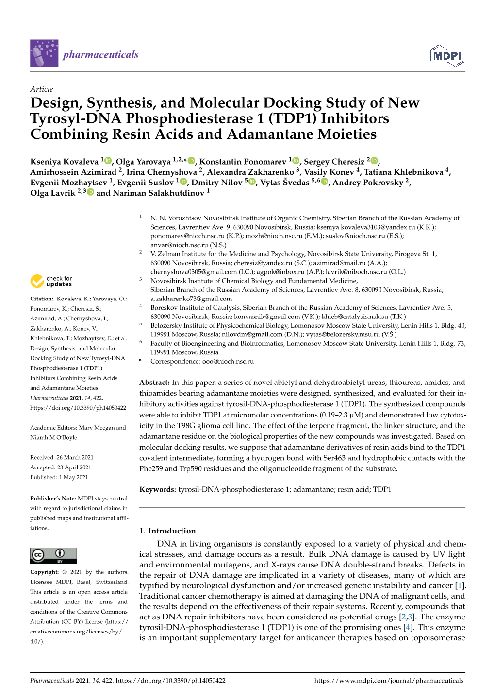 Design, Synthesis, and Molecular Docking Study of New Tyrosyl-DNA Phosphodiesterase 1 (TDP1) Inhibitors Combining Resin Acids and Adamantane Moieties