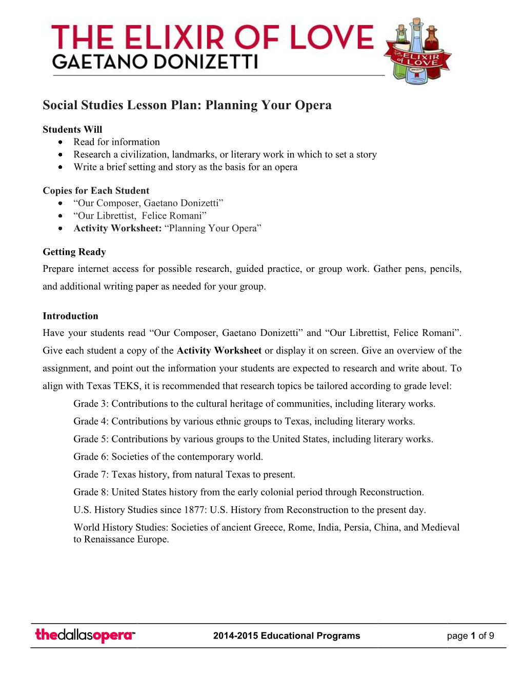 Social Studies Lesson Plan: Planning Your Opera