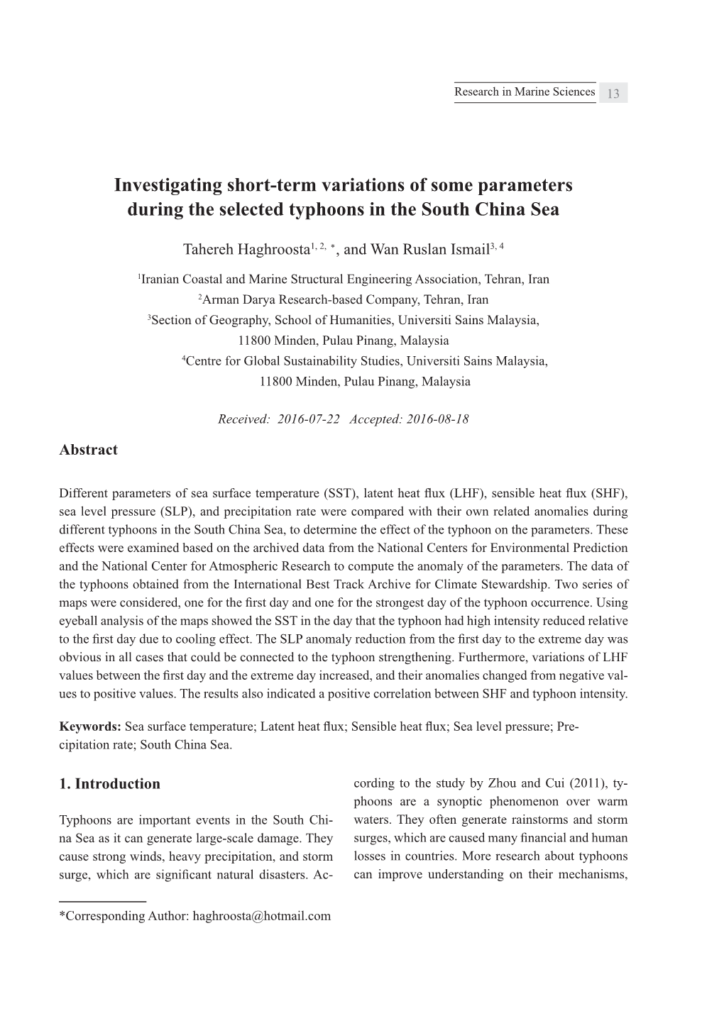 Investigating Short-Term Variations of Some Parameters During the Selected Typhoons in the South China Sea