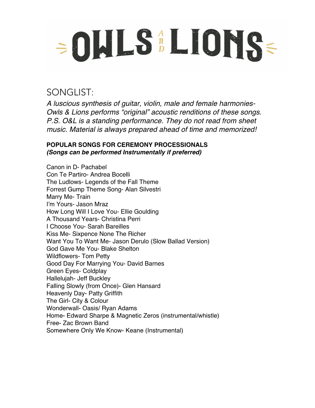 SONGLIST: a Luscious Synthesis of Guitar, Violin, Male and Female Harmonies- Owls & Lions Performs “Original” Acoustic Renditions of These Songs