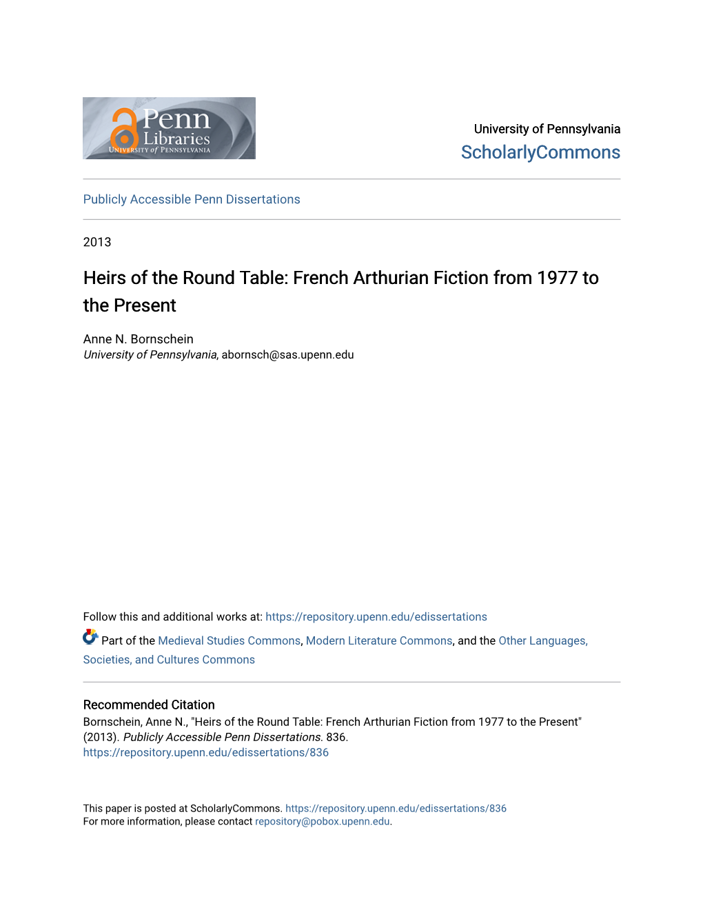 Heirs of the Round Table: French Arthurian Fiction from 1977 to the Present