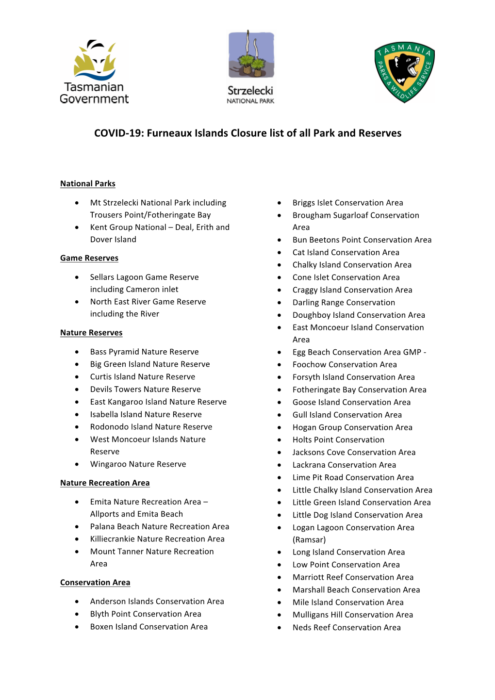 COVID-19: Furneaux Islands Closure List of All Park and Reserves