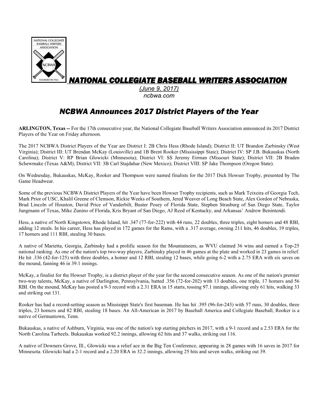 National Collegiate Baseball Writers Association Ncbwa