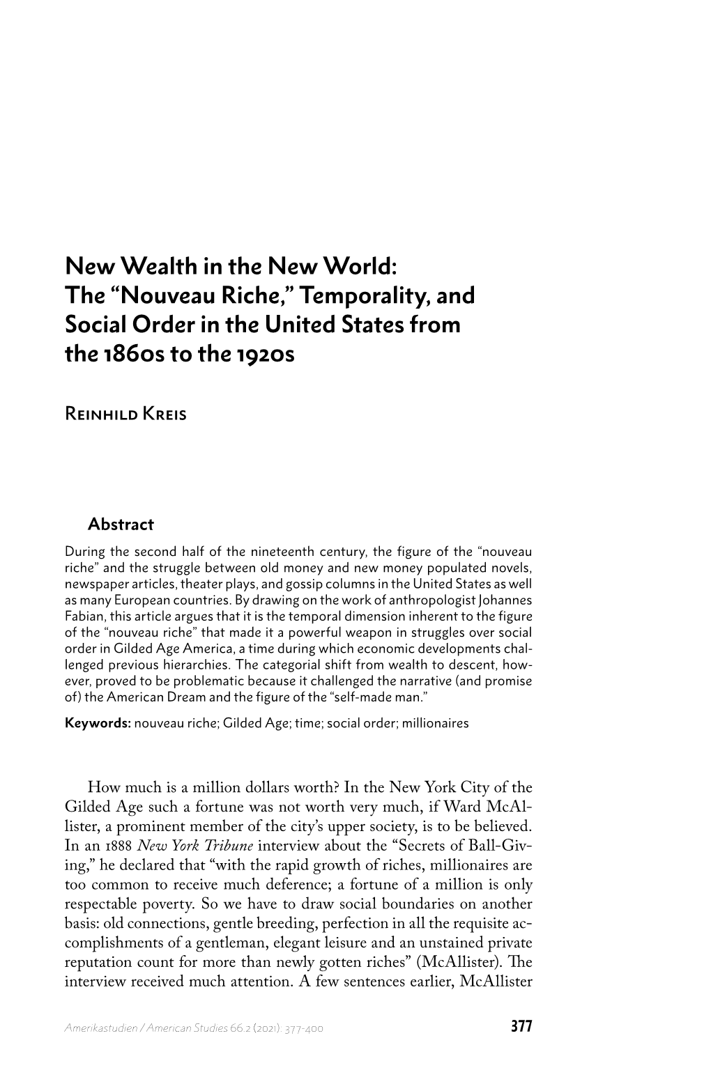 “Nouveau Riche,” Temporality, and Social Order in the United States from the 1860S to the 1920S