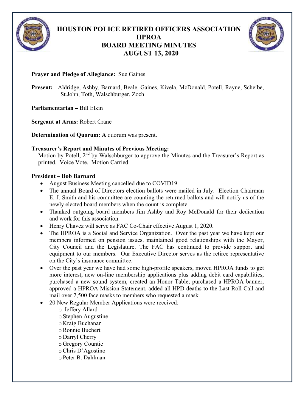 Houston Police Retired Officers Association Hproa Board Meeting Minutes August 13, 2020