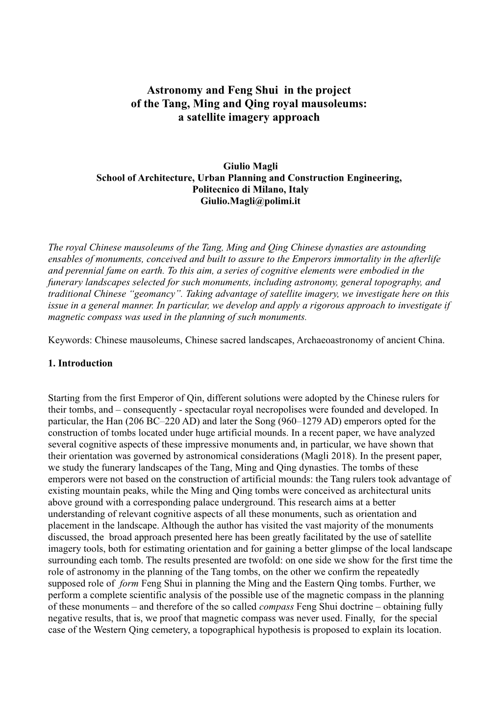 Astronomy and Feng Shui in the Project of the Tang, Ming and Qing Royal Mausoleums: a Satellite Imagery Approach