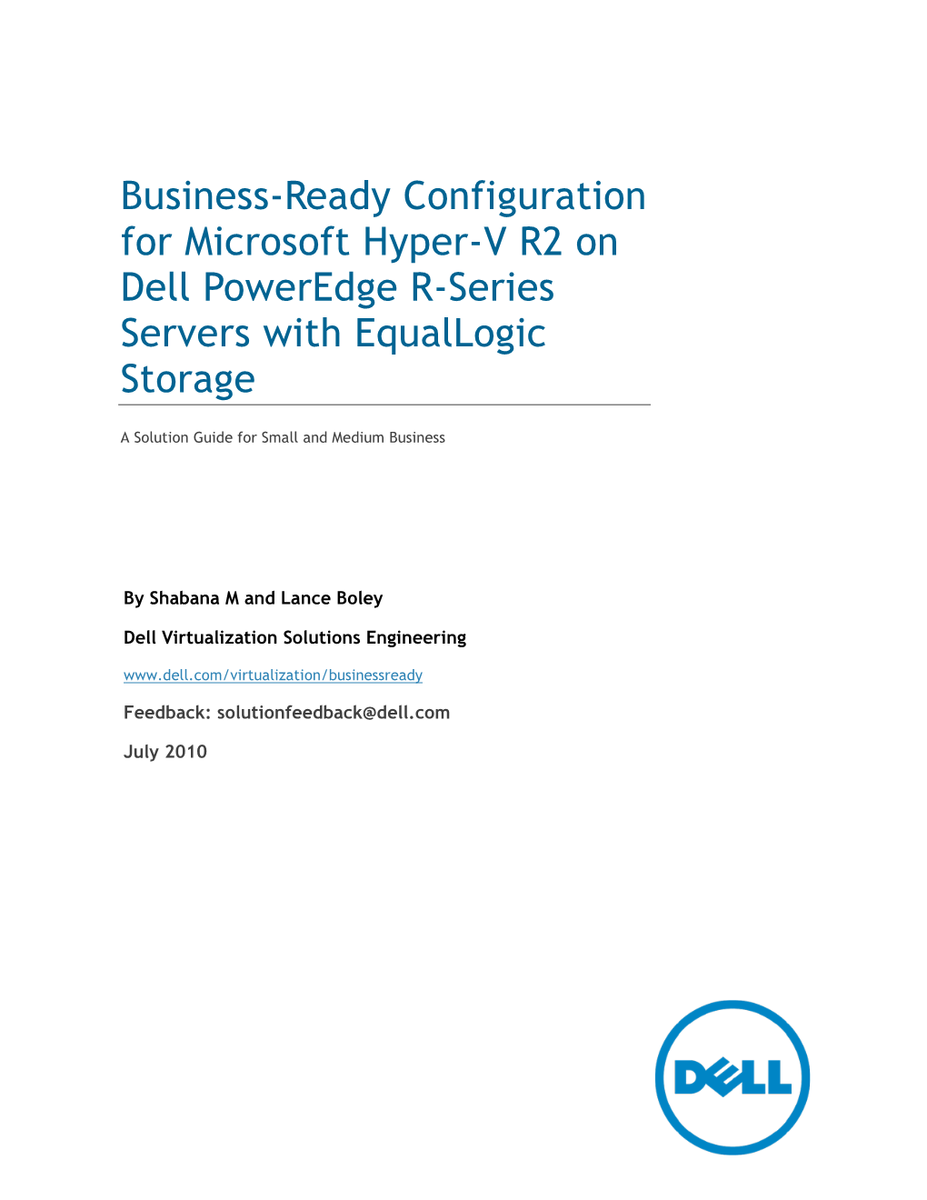 Business-Ready Configuration for Microsoft Hyper-V R2 on Dell