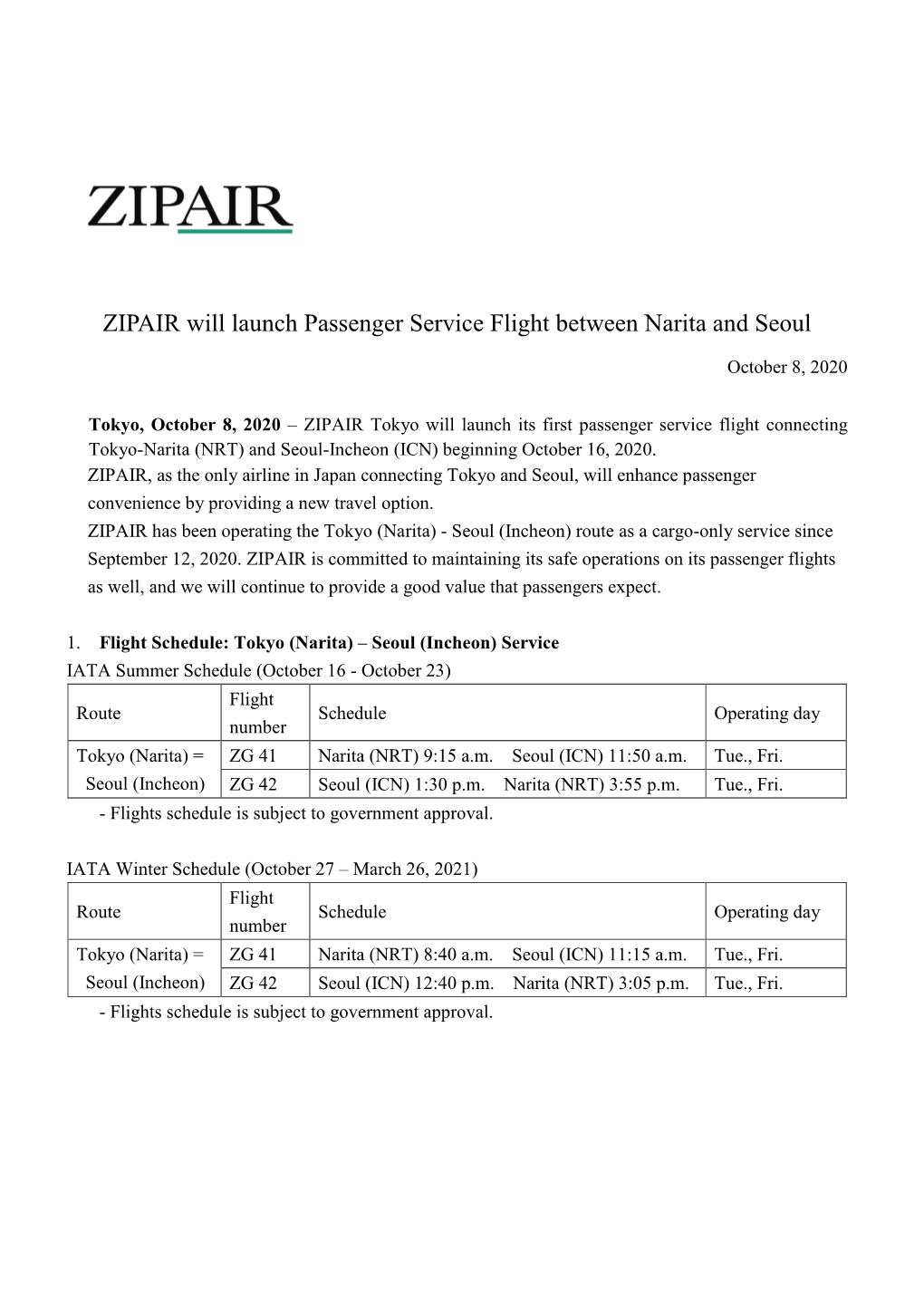 ZIPAIR Will Launch Passenger Service Flight Between Narita and Seoul