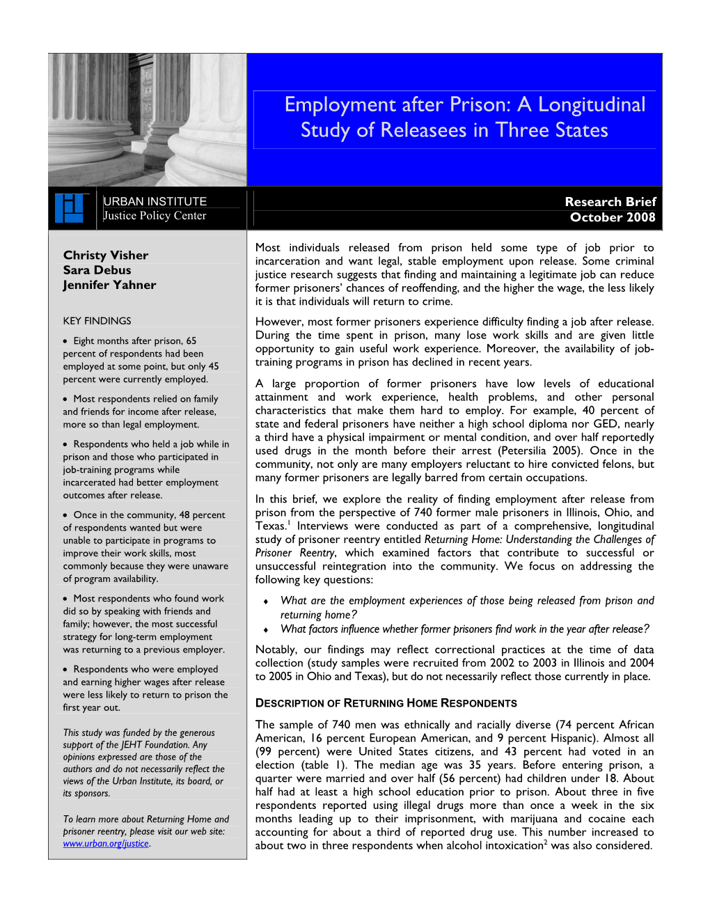 Employment After Prison: a Longitudinal Study of Releasees in Three States