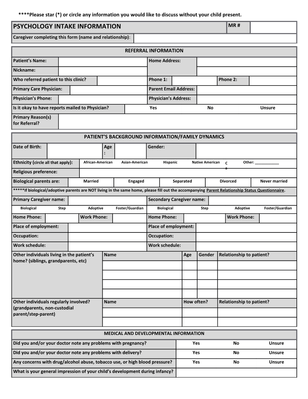 Psychology Intake Information