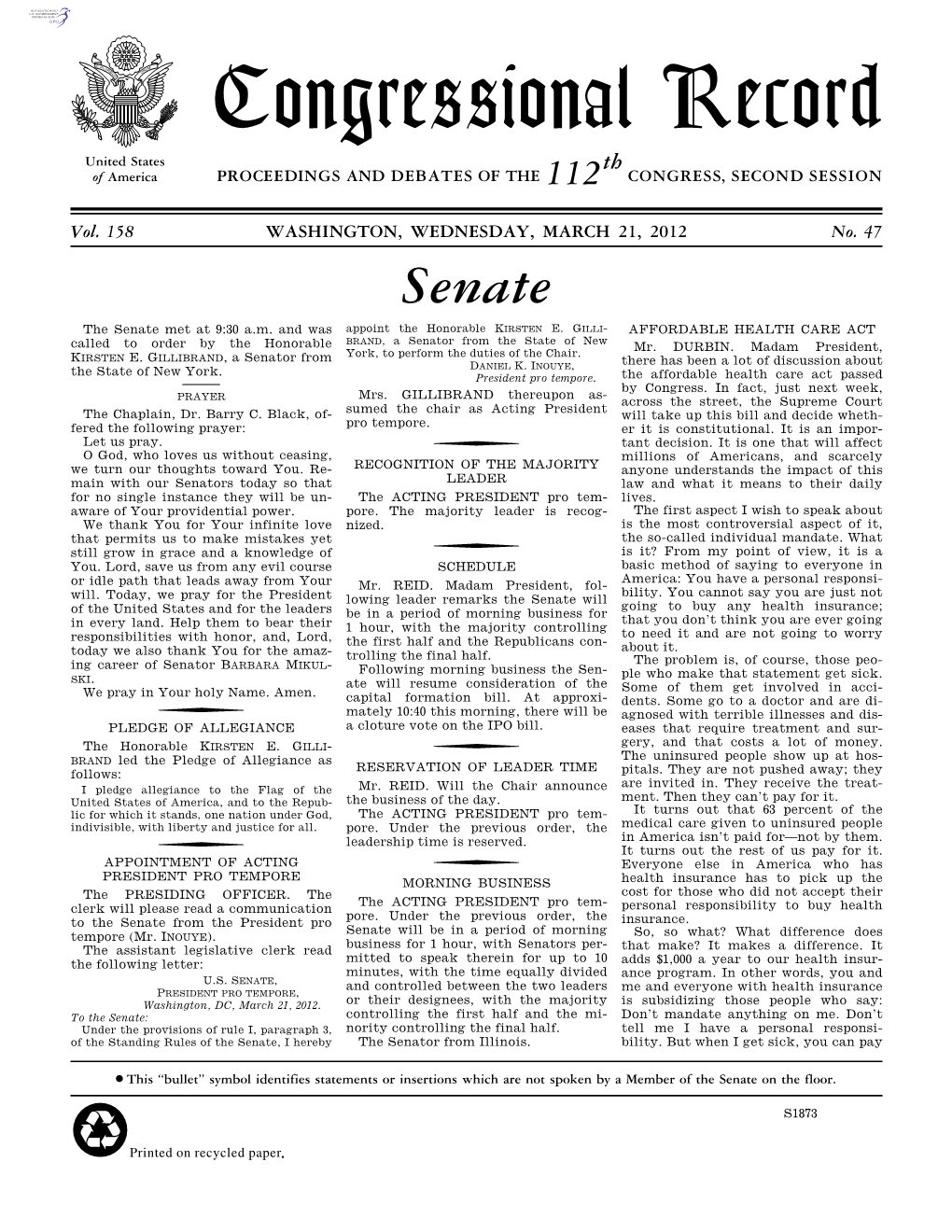 Congressional Record United States Th of America PROCEEDINGS and DEBATES of the 112 CONGRESS, SECOND SESSION