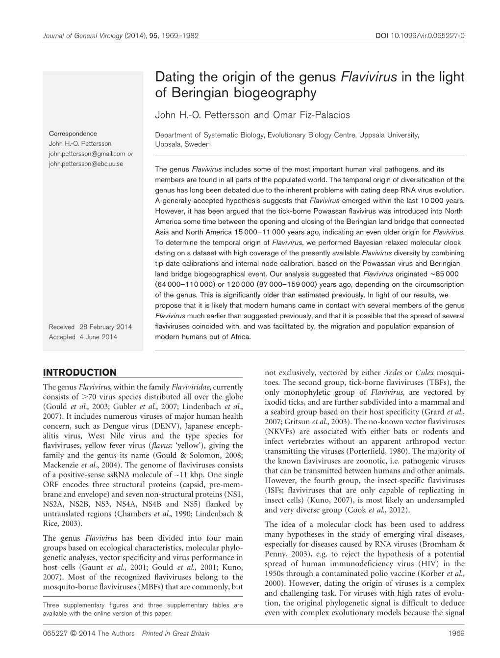 Dating the Origin of the Genus Flavivirus in the Light of Beringian Biogeography