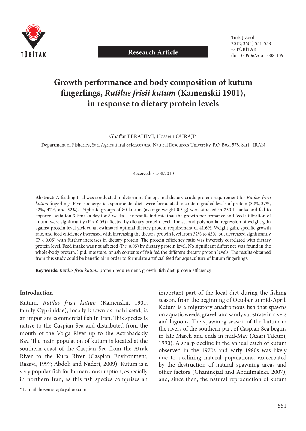 Growth Performance and Body Composition of Kutum Fingerlings, Rutilus Frisii Kutum