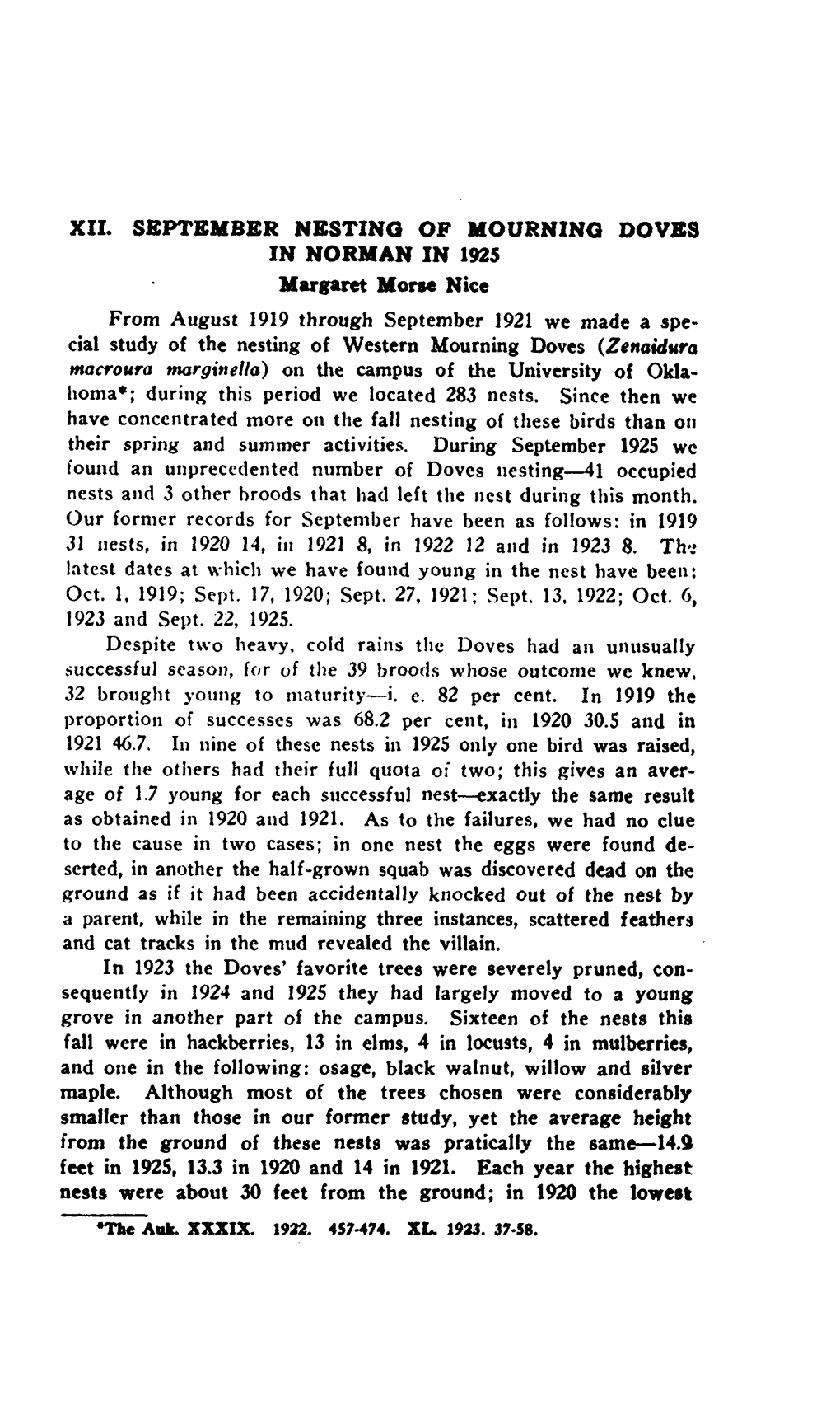 September Nesting of the Mourning Doves in Norman in 1925