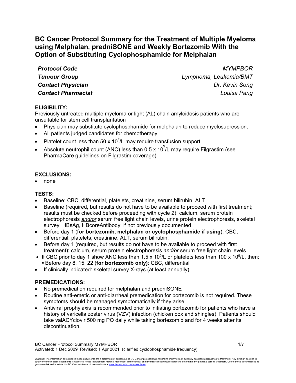 BC Cancer Protocol Summary for the Treatment of Multiple Myeloma