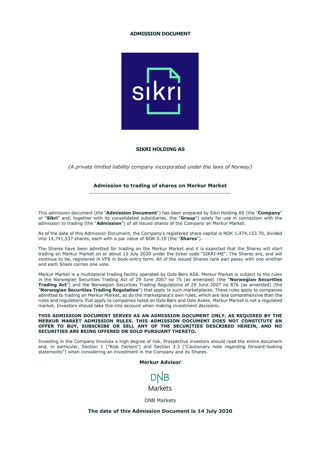 Admission Document Sikri Holding As