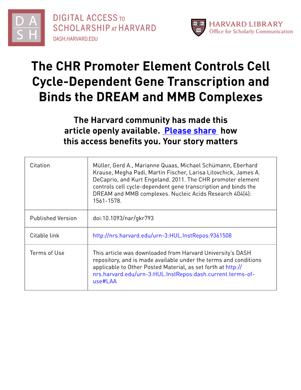 The CHR Promoter Element Controls Cell Cycle-Dependent Gene Transcription and Binds the DREAM and MMB Complexes