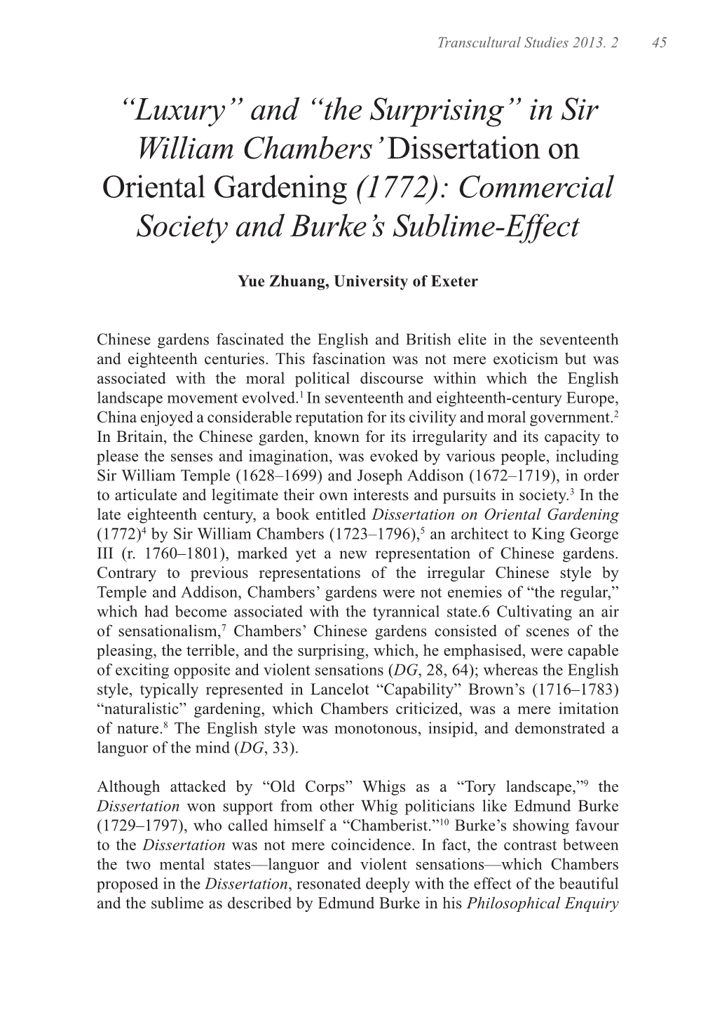 In Sir William Chambers’ Dissertation on Oriental Gardening (1772): Commercial Society and Burke’S Sublime-Effect