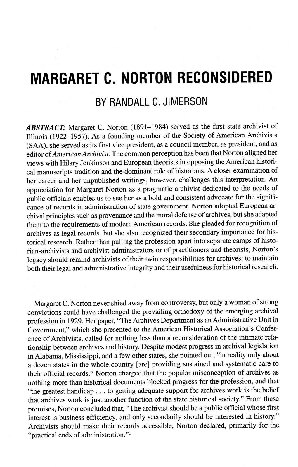 Margaret C. Norton Reconsidered by Randall C.Jimerson