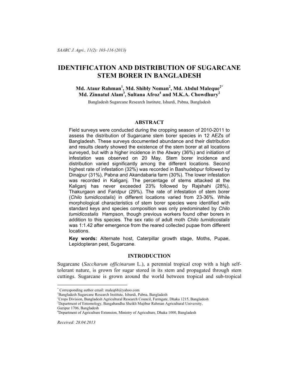 Identification and Distribution of Sugarcane Stem Borer in Bangladesh