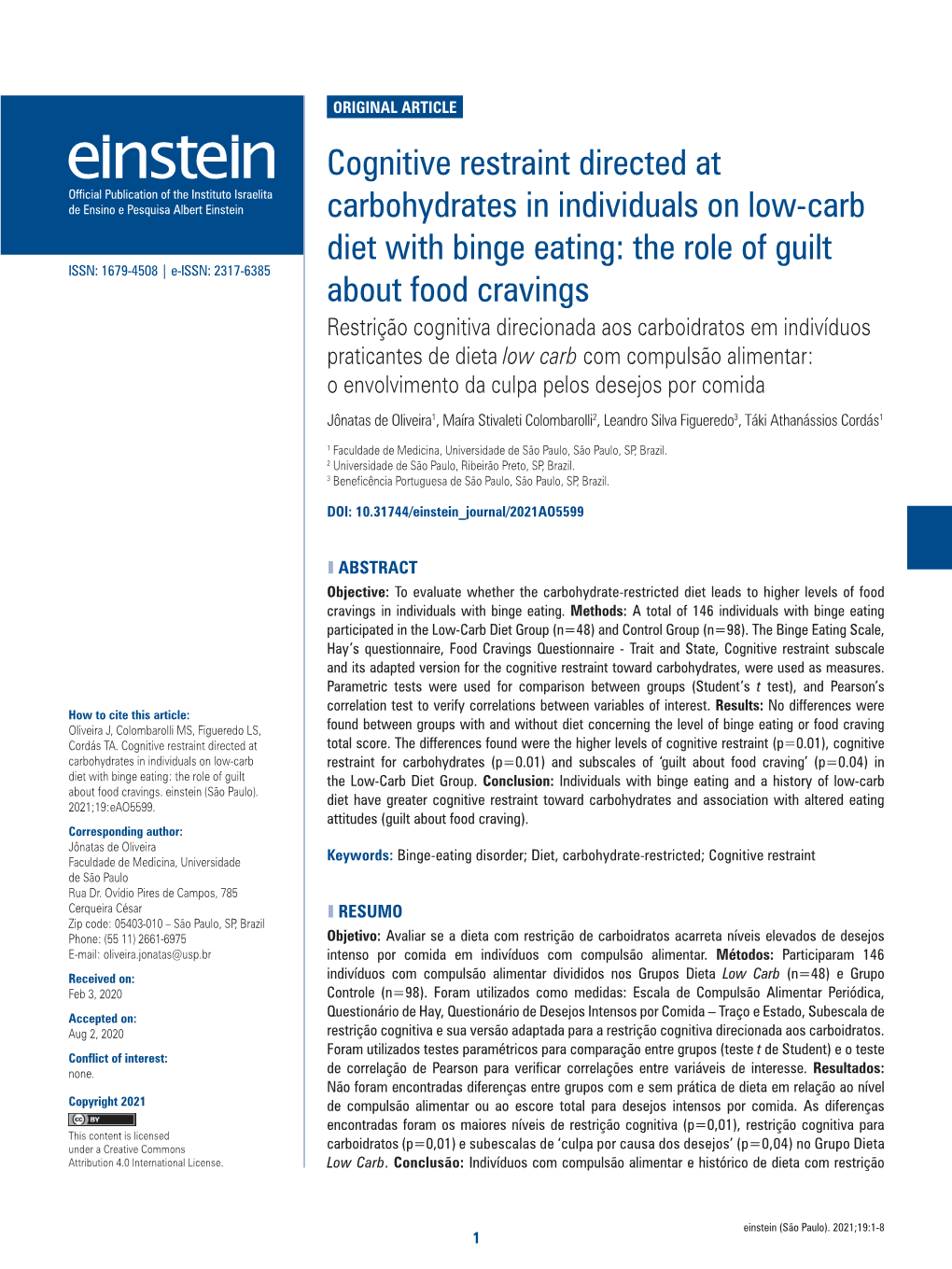 Cognitive Restraint Directed at Carbohydrates in Individuals on Low-Carb Diet with Binge Eating Severity of BE