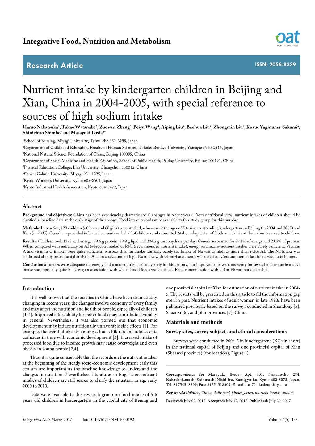 Nutrient Intake by Kindergarten Children in Beijing and Xian, China