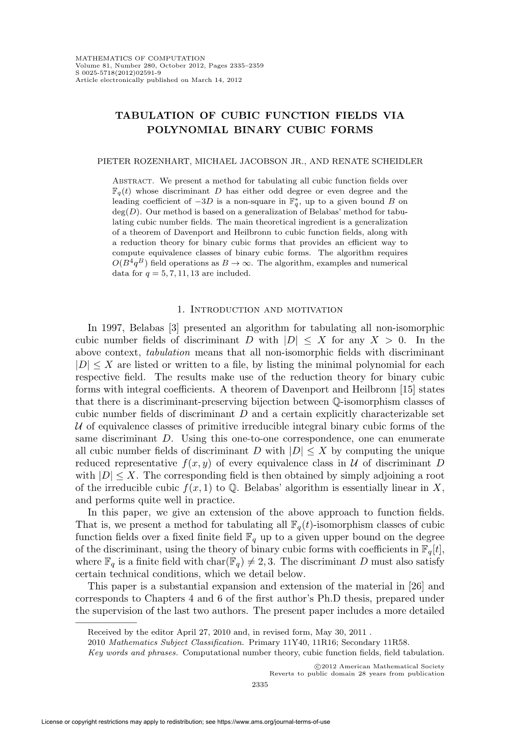 Tabulation of Cubic Function Fields Via Polynomial Binary Cubic Forms