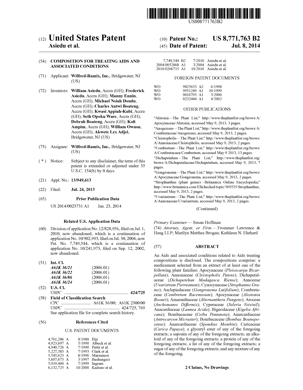 (12) United States Patent (10) Patent No.: US 8,771,763 B2 Asiedu Et Al