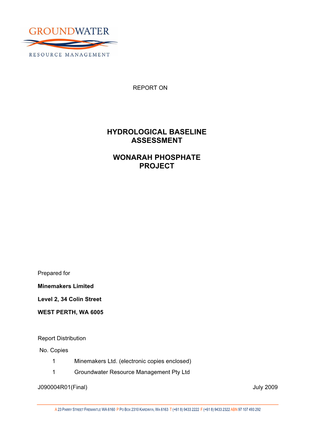 Hydrological Baseline Assessment Wonarah Phosphate Project