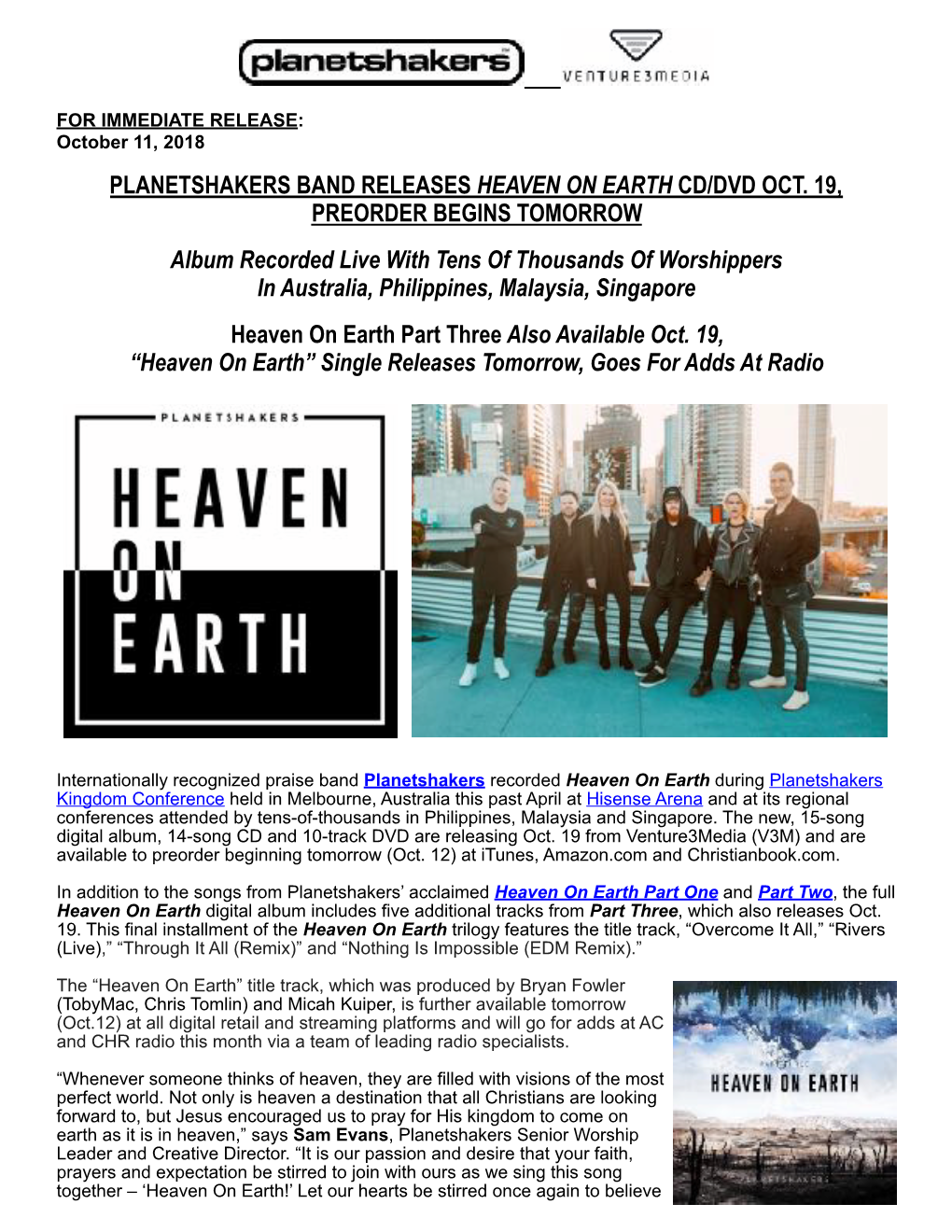 Planetshakers Band Releases Heaven on Earth Cd/Dvd Oct. 19
