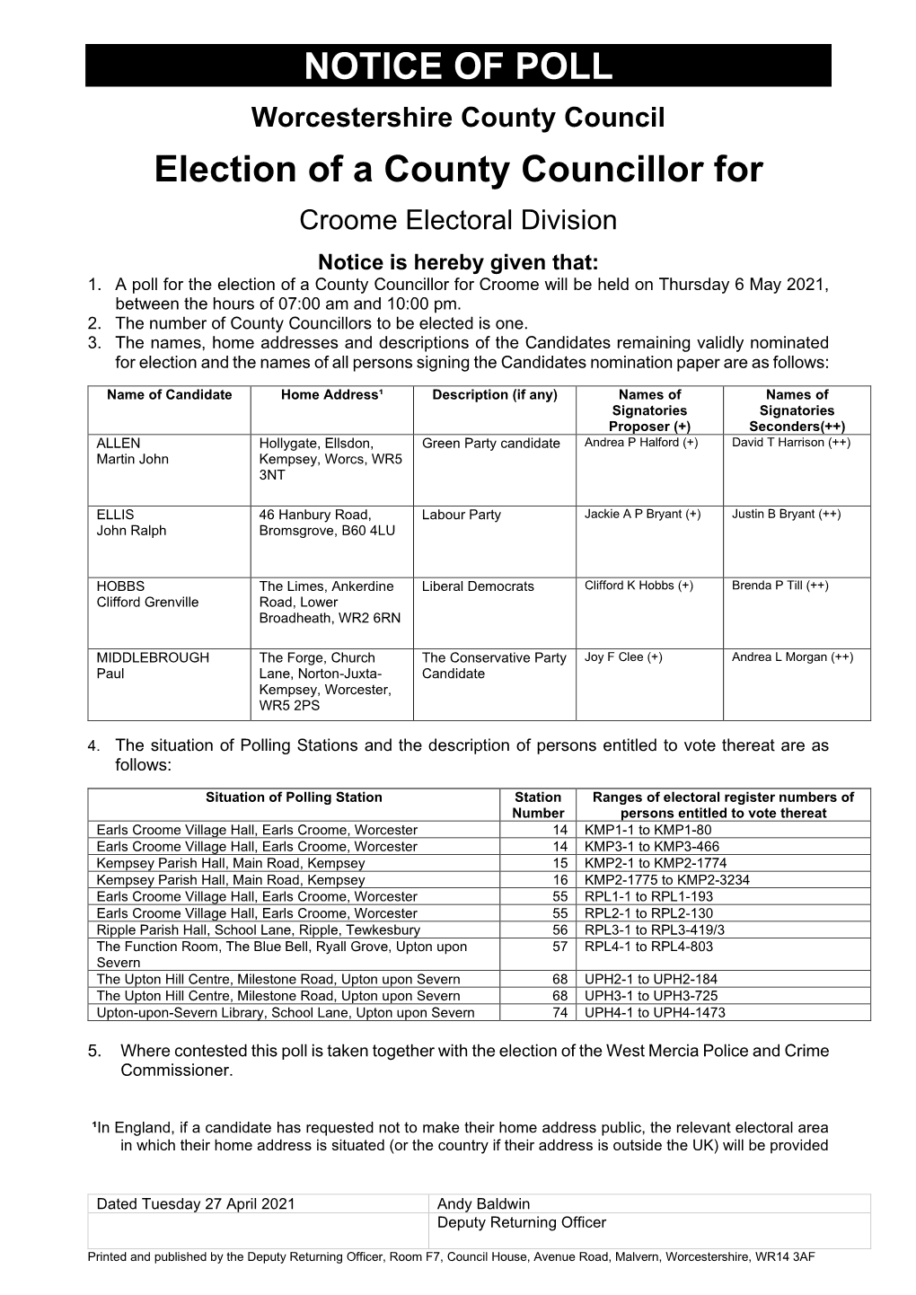 Notice of Poll Malvern Hills 2021