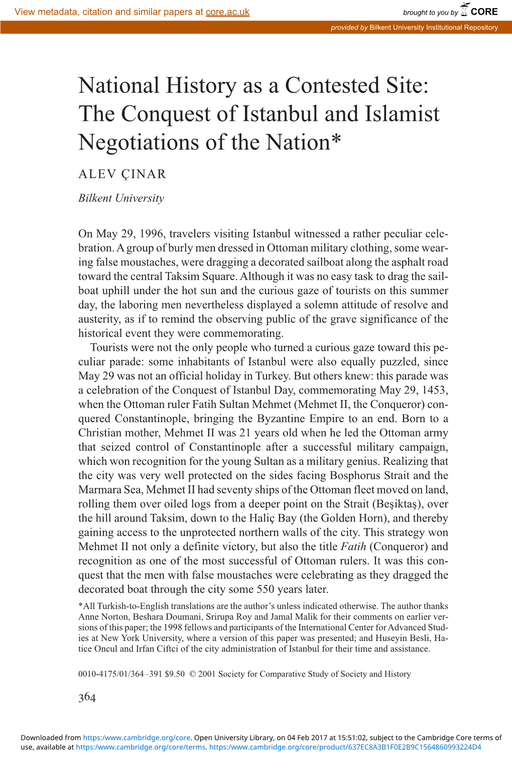 National History As a Contested Site: the Conquest of Istanbul and Islamist Negotiations of the Nation*