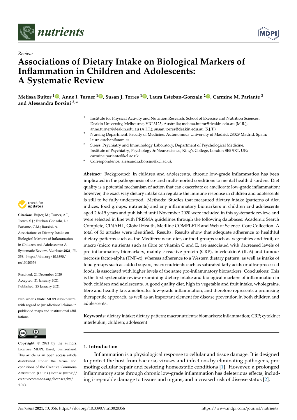 Associations of Dietary Intake on Biological Markers of Inflammation in Children and Adolescents: a Systematic Review