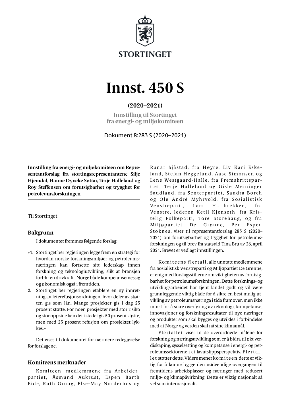 Innst. 450 S (2020–2021) Innstilling Til Stortinget Fra Energi- Og Miljøkomiteen