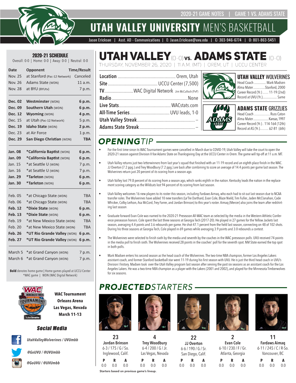 Utah Valley(0-0)Vs. Adams State